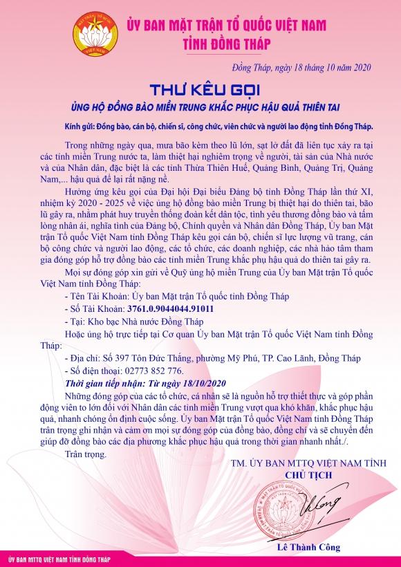 LỜI KÊU GỌI ỦNG HỘ ĐỒNG BÀO MIỀN TRUNG CỦA UBMTTQ TỈNH ĐỒNG THÁP